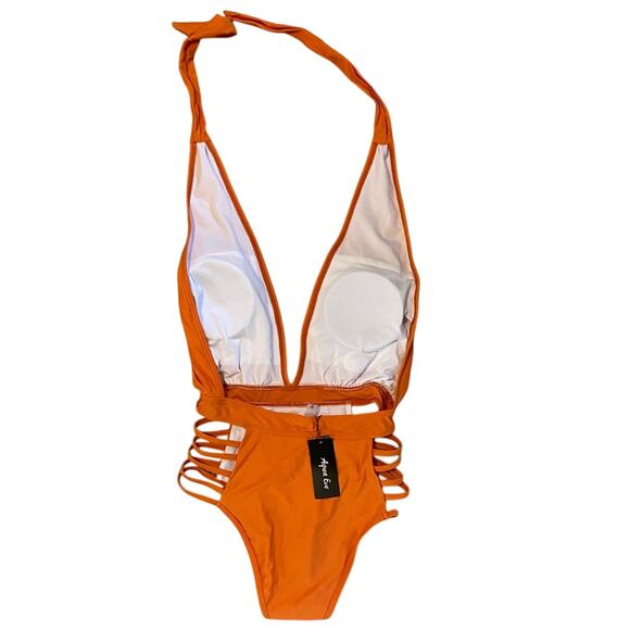NWT Aqua Eve Small (4-6) orange one piece sexy cutout Deep plunge halter tie NEW - Picture 10 of 10